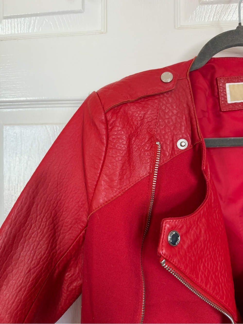 Michael Kors Red Mixed-Media Moto Jacket - Picture 3 of 7
